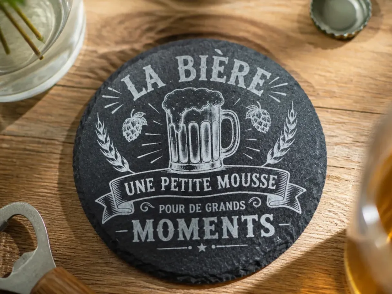 [Laser cut and engrave] Sous-verre en ardoise rond avec motif de chope de bière