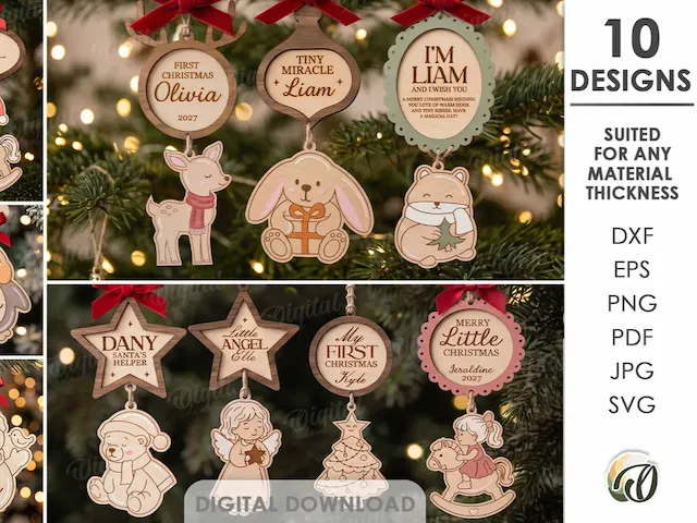 Baby's First Christmas Ornaments Bundle. Personalized Ornament Laser Cut Files. Wooden Xmas Tree Hanger. Baby Ornament SVG. Angel. Snowman