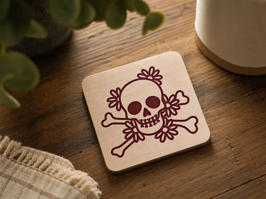 Square Wooden Coaster Featuring a Floral Skull and Crossbones Design