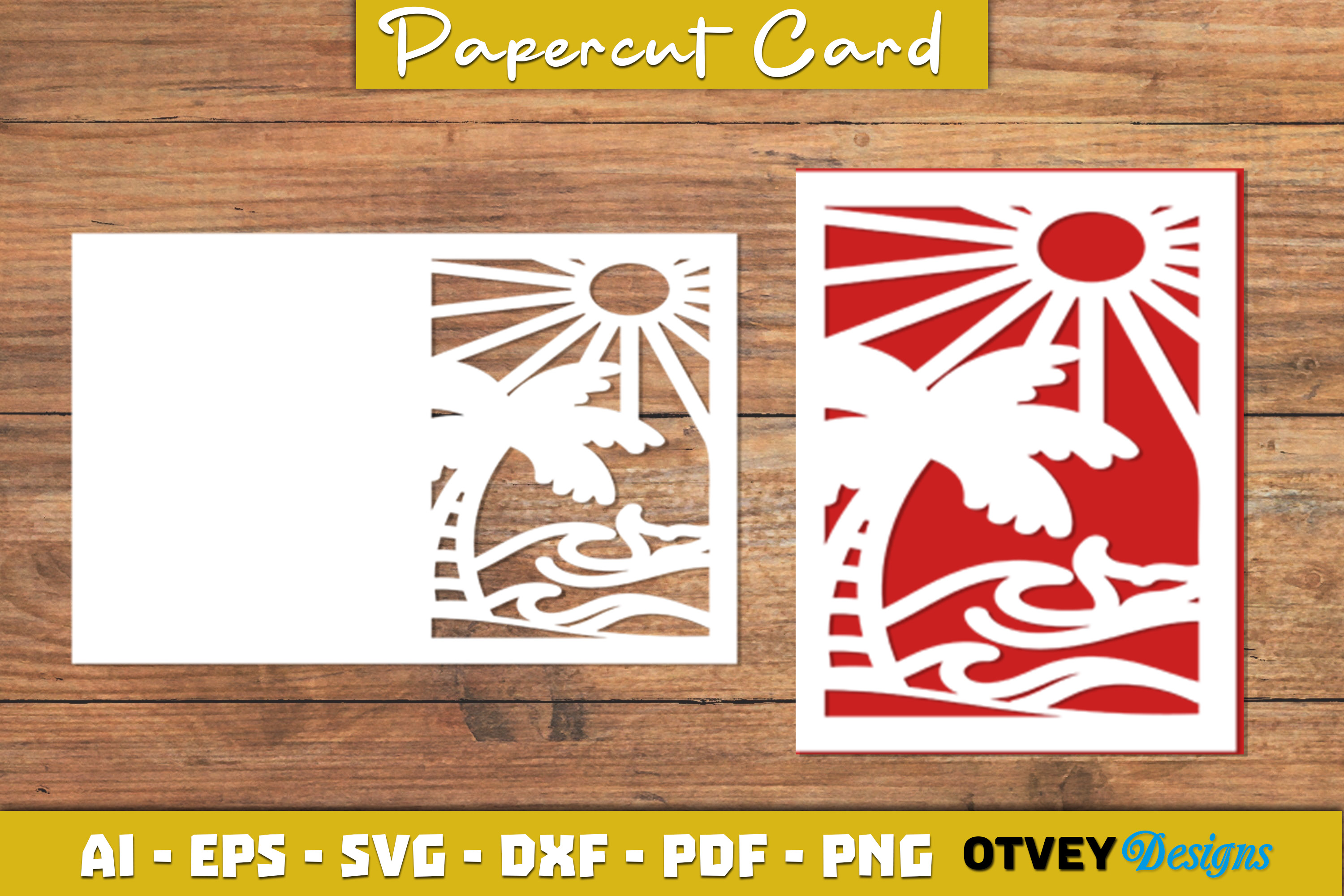 [Laser cut and engrave] Tropical beach scene greeting card with palm tree and sun motif