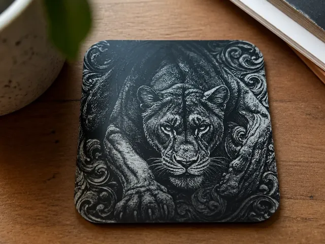 Square drink coaster featuring a detailed stalking lioness illustration