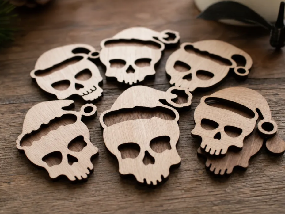 Wooden Skull Christmas Ornaments with Santa Hats