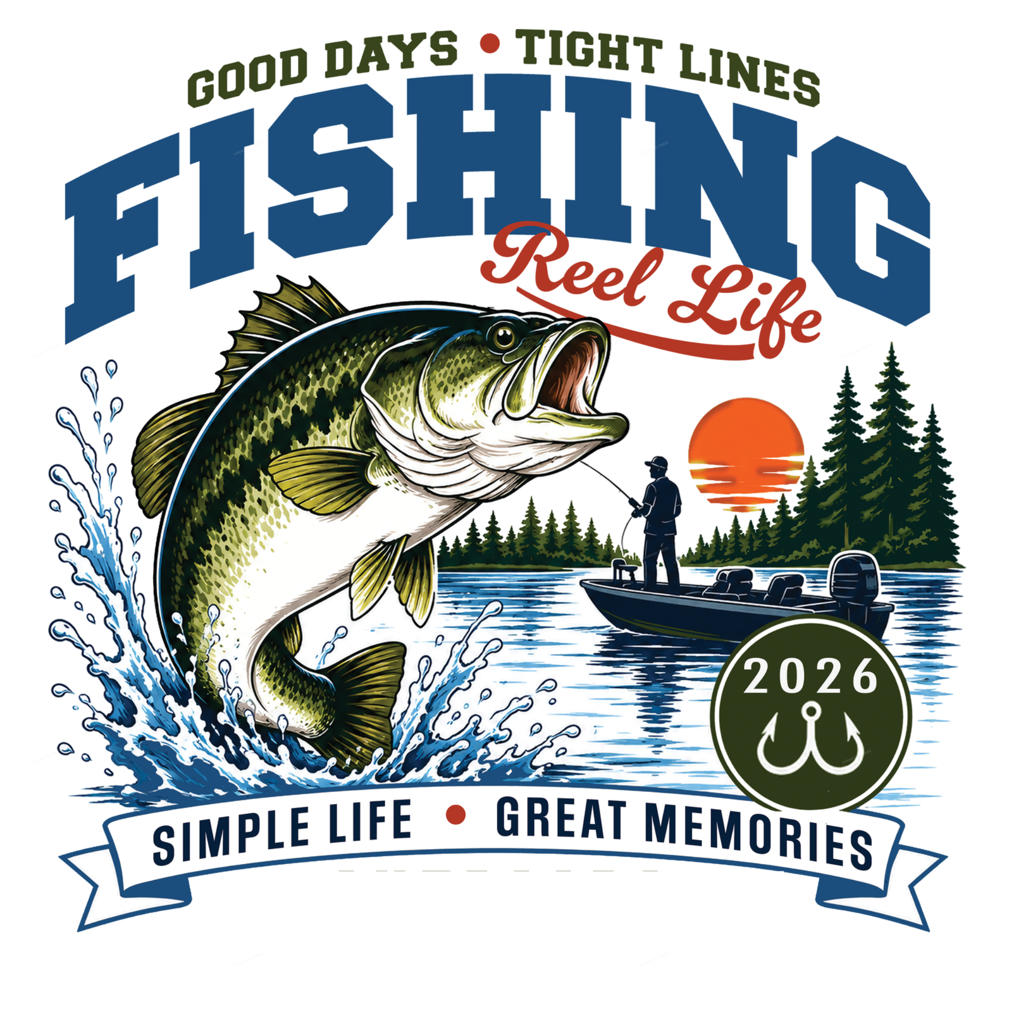 [DTF Printing] Fishing Reel Life Graphic T-Shirt with Bass and Lake Scene