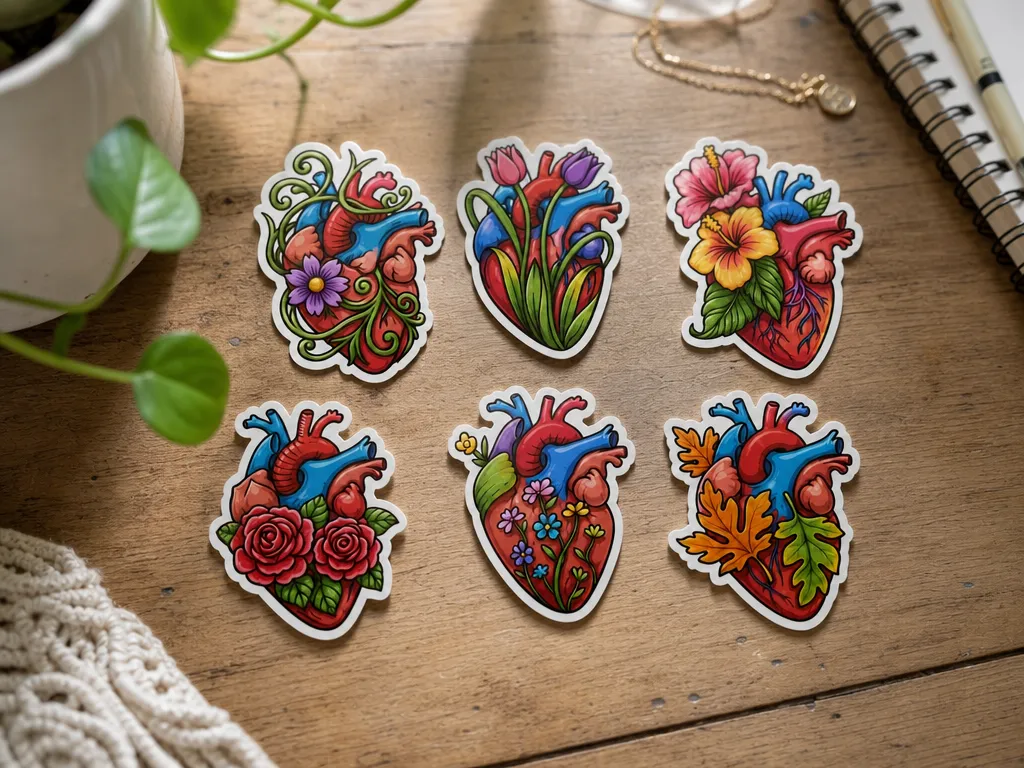 Set of Heart Stickers with Floral and Botanical Bundle