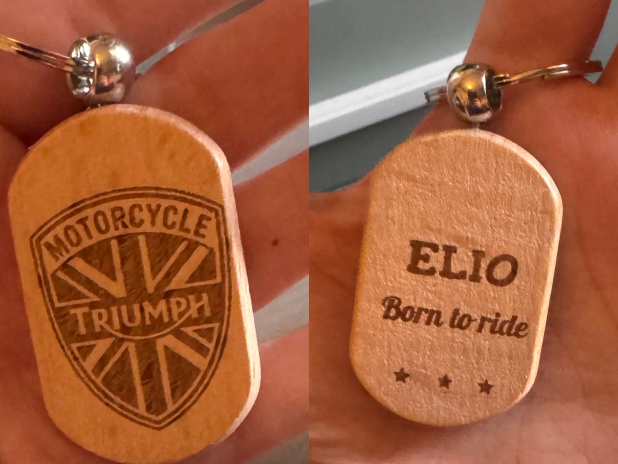 Portachiavi in legno personalizzato con logo Triumph e scritta Born to ride