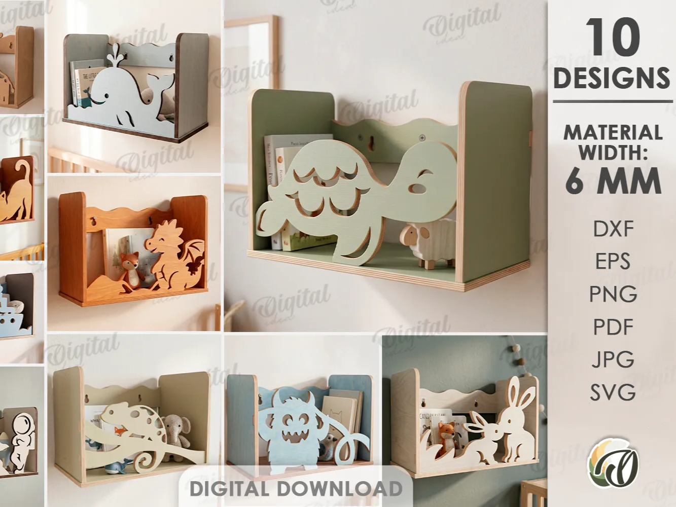 3D Kids Nursery Wall Shelves Bundle. Cute Animal Bookshelf Laser Cut Files. Children's Room Storage Shelf SVG. Toy Display Shelf. Baby