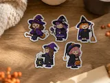 [Laser cut and engrave,UV printing,Heat Press] Cute Chibi Witch Halloween Stickers Set