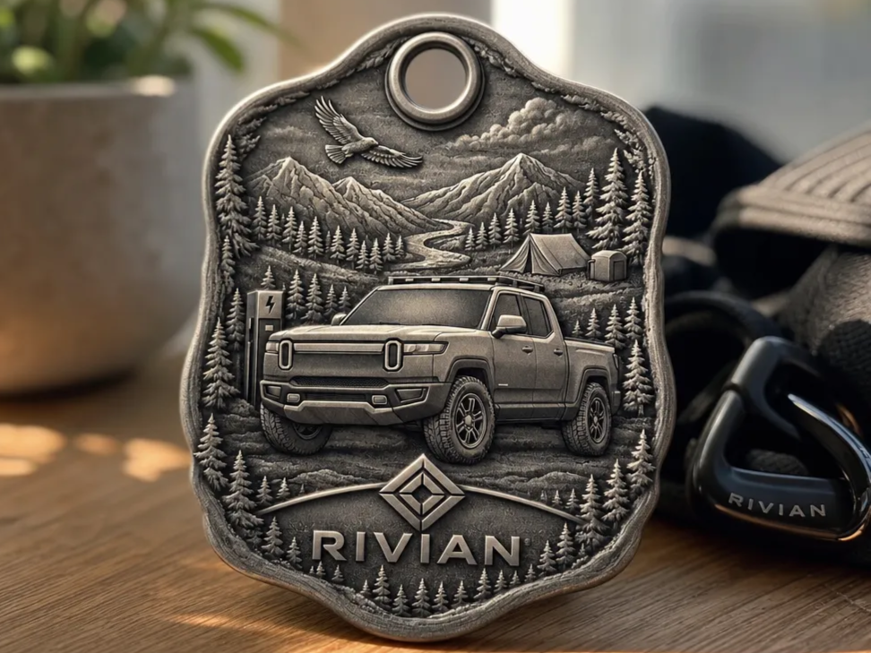 Rivian Pickup Truck Mountain Camping Metal Medallion Keychain