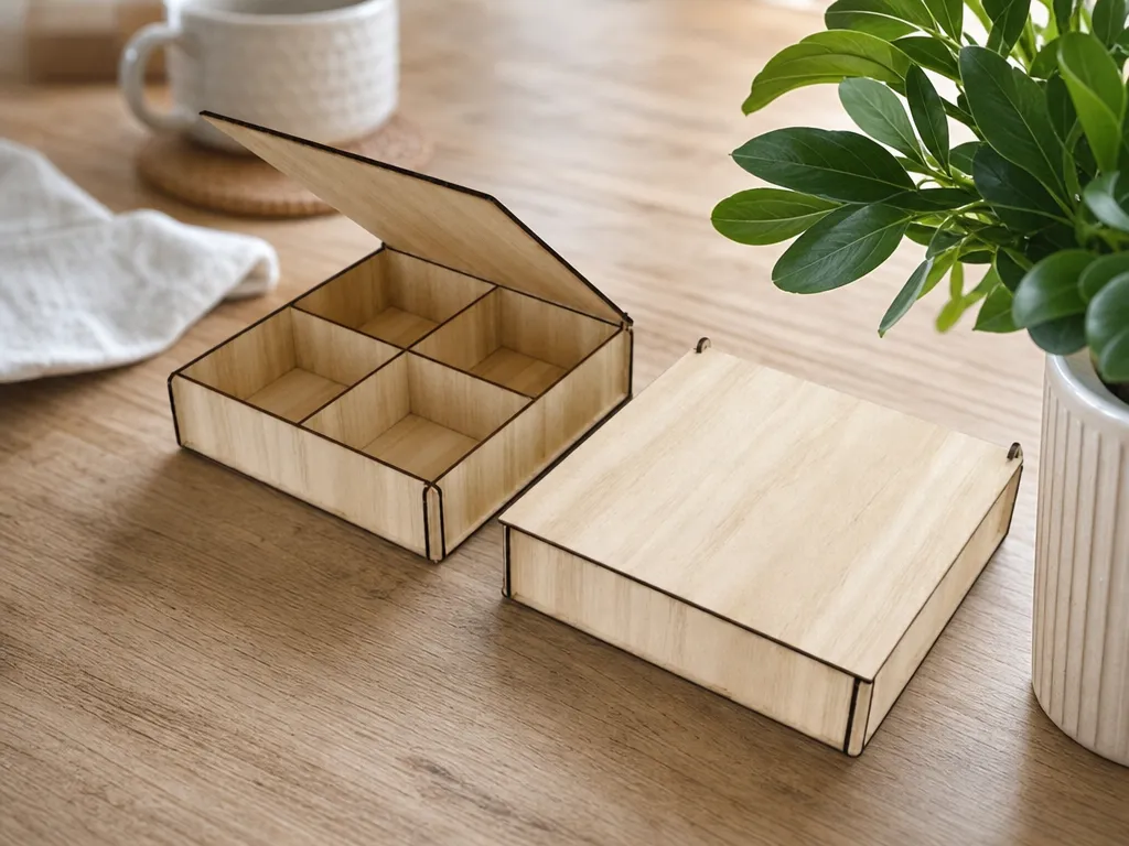 Wooden storage box with four compartments and hinged lid