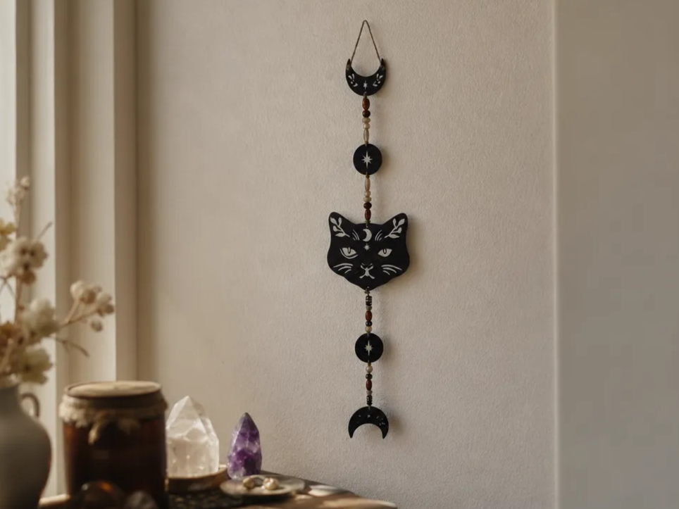 Celestial Cat Wall Hanging with Moon Phases
