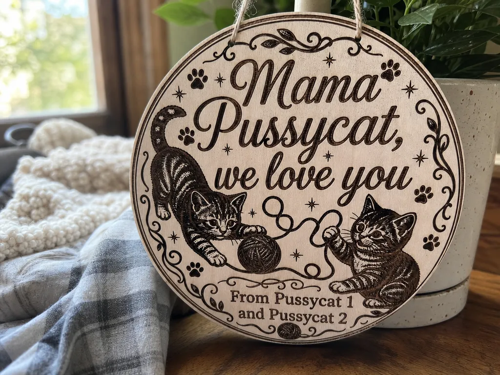 Mama Pussycat We Love You Round Wooden Hanging Sign