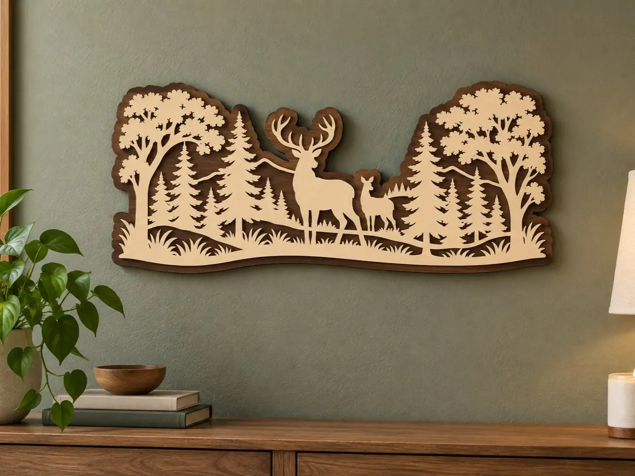 [Laser cut and engrave] Nature Deer and Pine Tree Theme Wooden Laser-Cut Wall Art & Home Decor