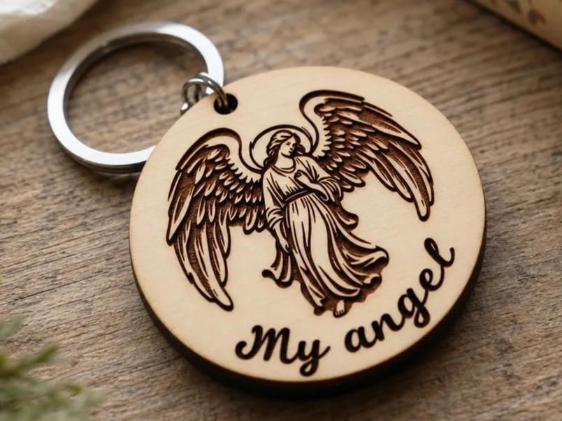 Round Wooden Keychain Featuring Angel Motif and My Angel Text