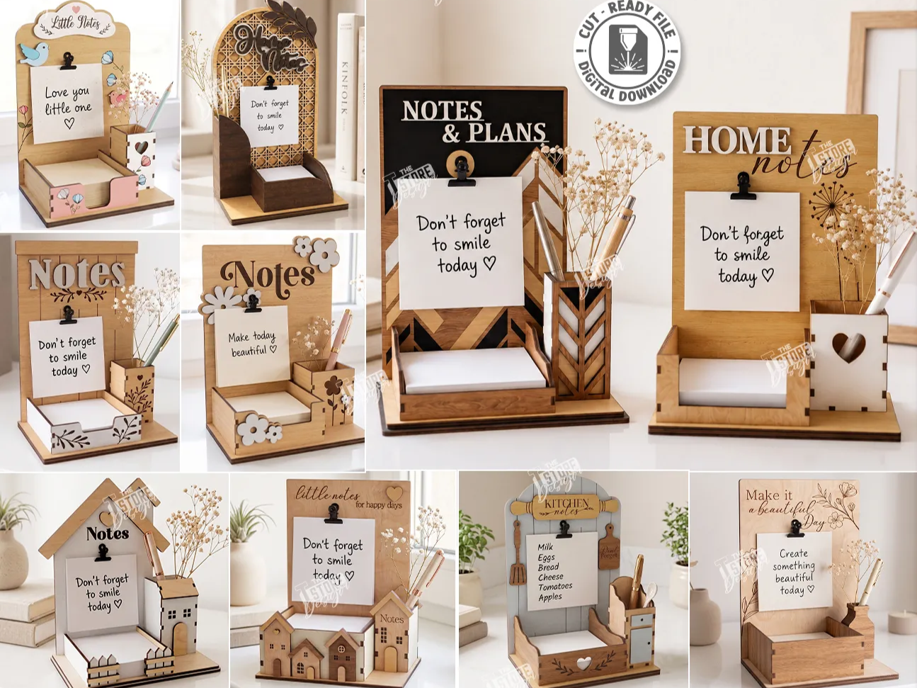 Desktop Note Holder and Stationery Organizer with Pen Cup Laser Cut Bundle. Desk Organizer. Office Decor