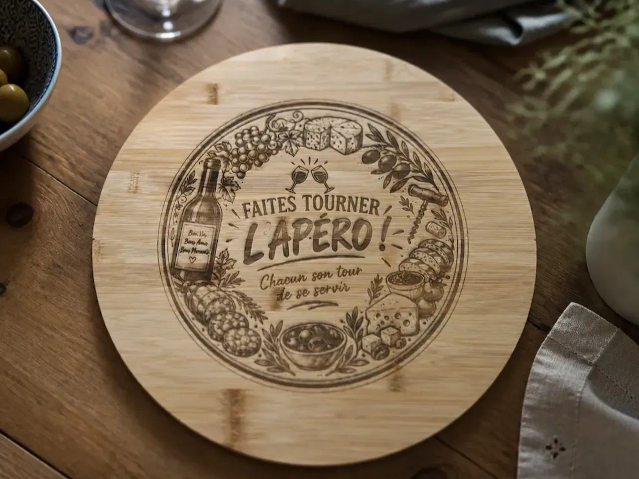 [Laser cut and engrave] Planche à découper ronde en bois pour apéritif avec motifs gastronomiques