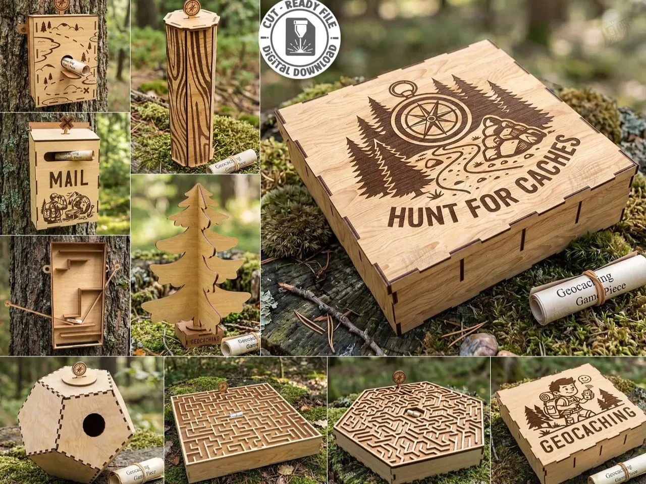 [Laser cut and engrave] Geocaching Containers and puzzle boxes for outdoor treasure hunting Laser Cut Bundle
