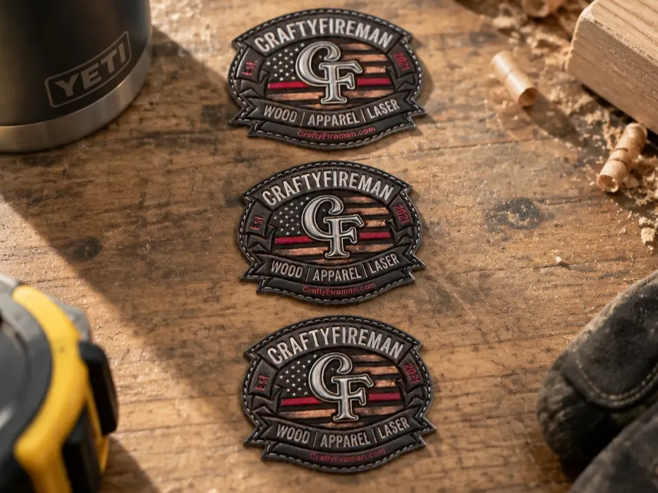 [UV printing,Laser cut and engrave] Craftyfireman American Flag Shield Patch with Thin Red Line