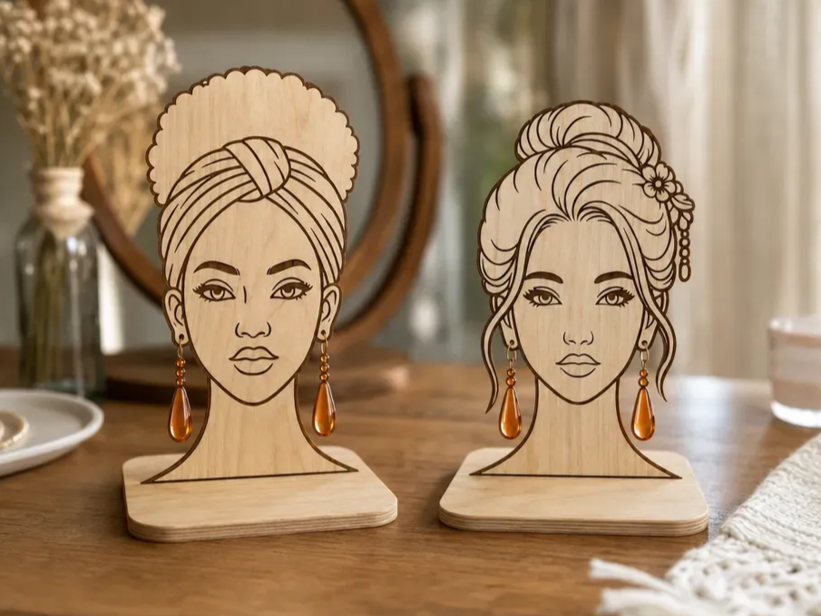Présentoir à bijoux en bois en forme de visage féminin