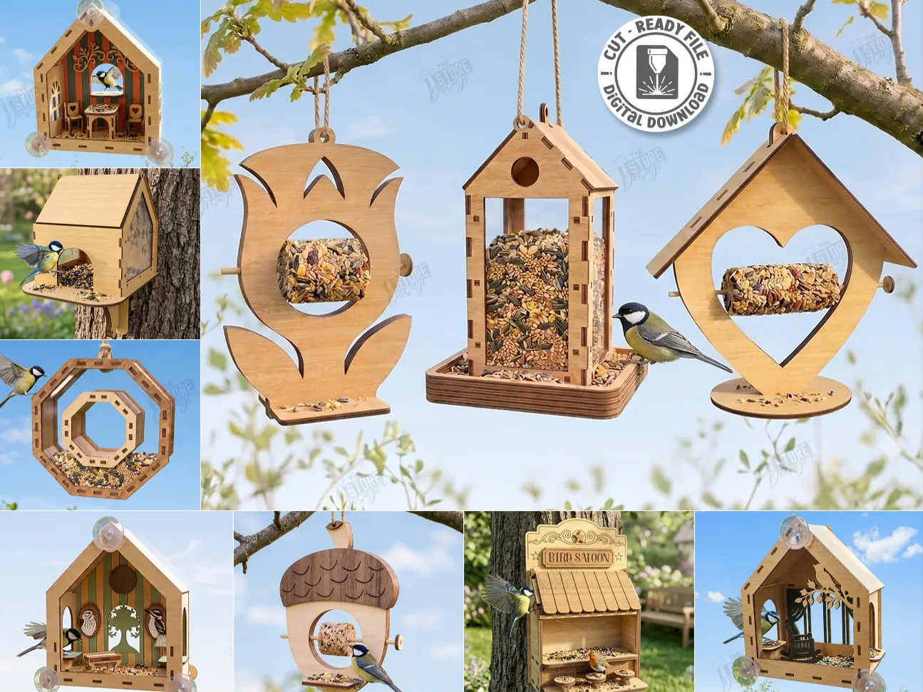 Wooden Hanging Bird Feeders and Wild Bird Feeding Stations Laser Cut Bundle. Garden Decor. Window Suction Cup Bird House