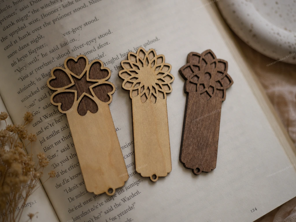 Wooden Bookmarks with Heart and Floral Cutout Details