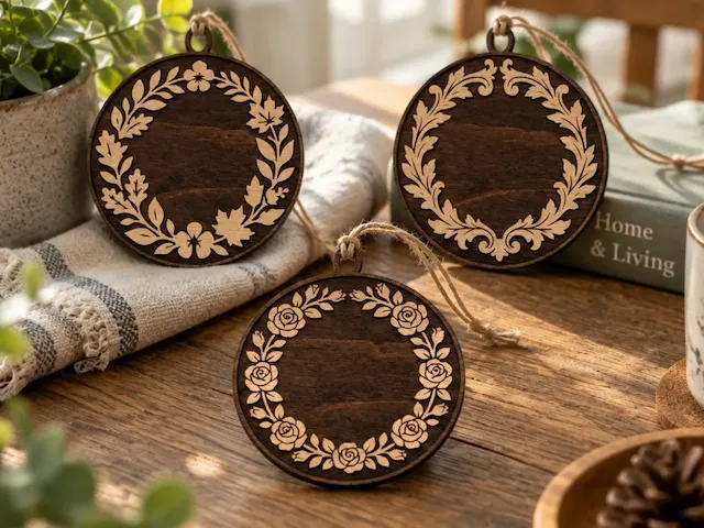 Round wooden hanging ornaments with floral and leaf wreath motifs