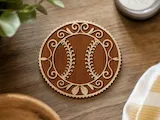 [Laser cut and engrave] Baseball Themed Circular Wooden Drink Coaster with Ornate Filigree Details