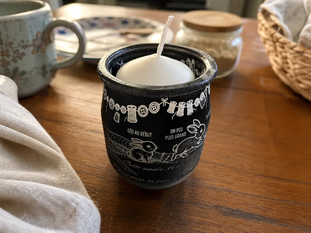 Bougie parfumée dans un pot en verre peint en noir illustré de lapins