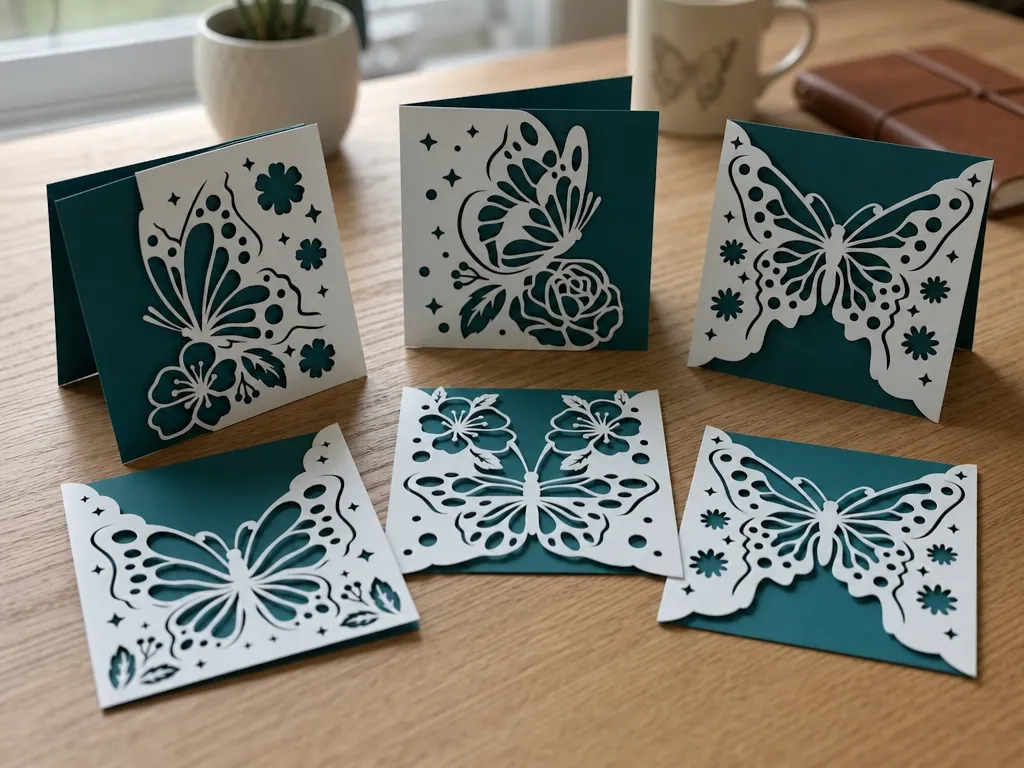 Teal and White Butterfly Floral Folded Greeting Cards