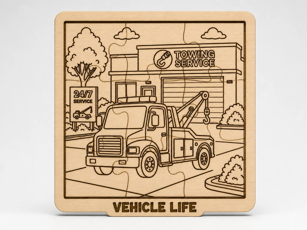 Rescue Tow Truck Wooden Puzzle | SVG & XCS Laser Cut Design | Transportation Puzzle for Kids | DIY Wood Craft | Vehicle Collection