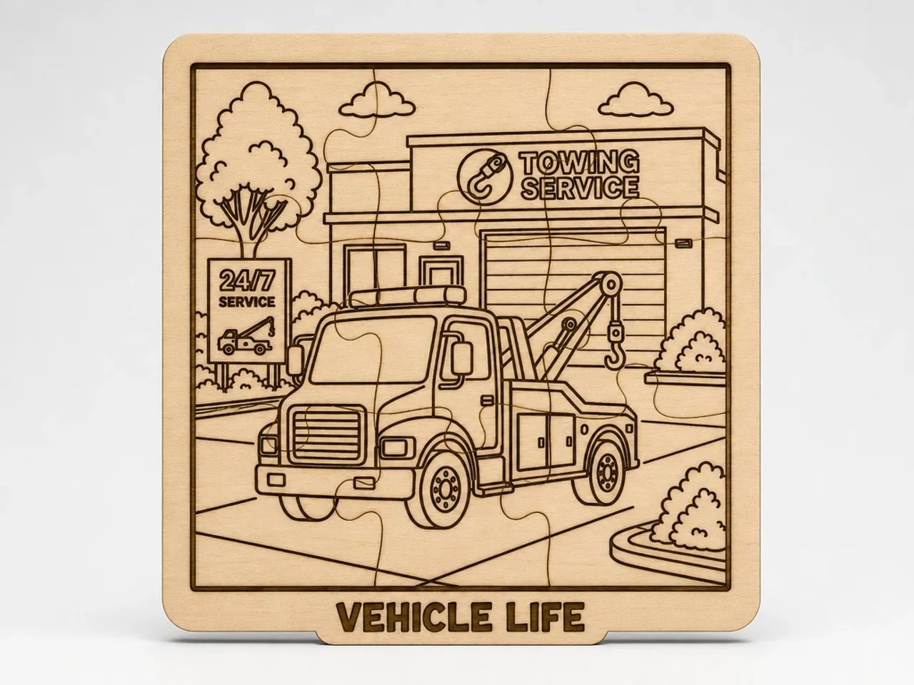 [Laser cut and engrave] Towing Service Scene Wooden Jigsaw Puzzle