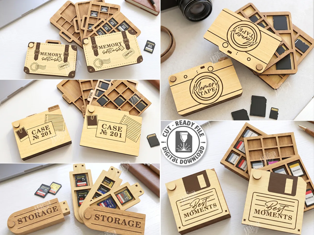 Wooden SD Card and Memory Storage Organizer Cases Laser Cut Bundle. SD Card Case. Storage Box