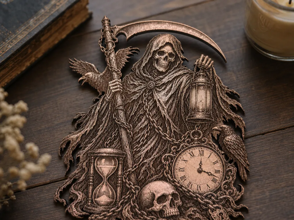 Grim Reaper wall plaque with scythe, hourglass, and raven motifs