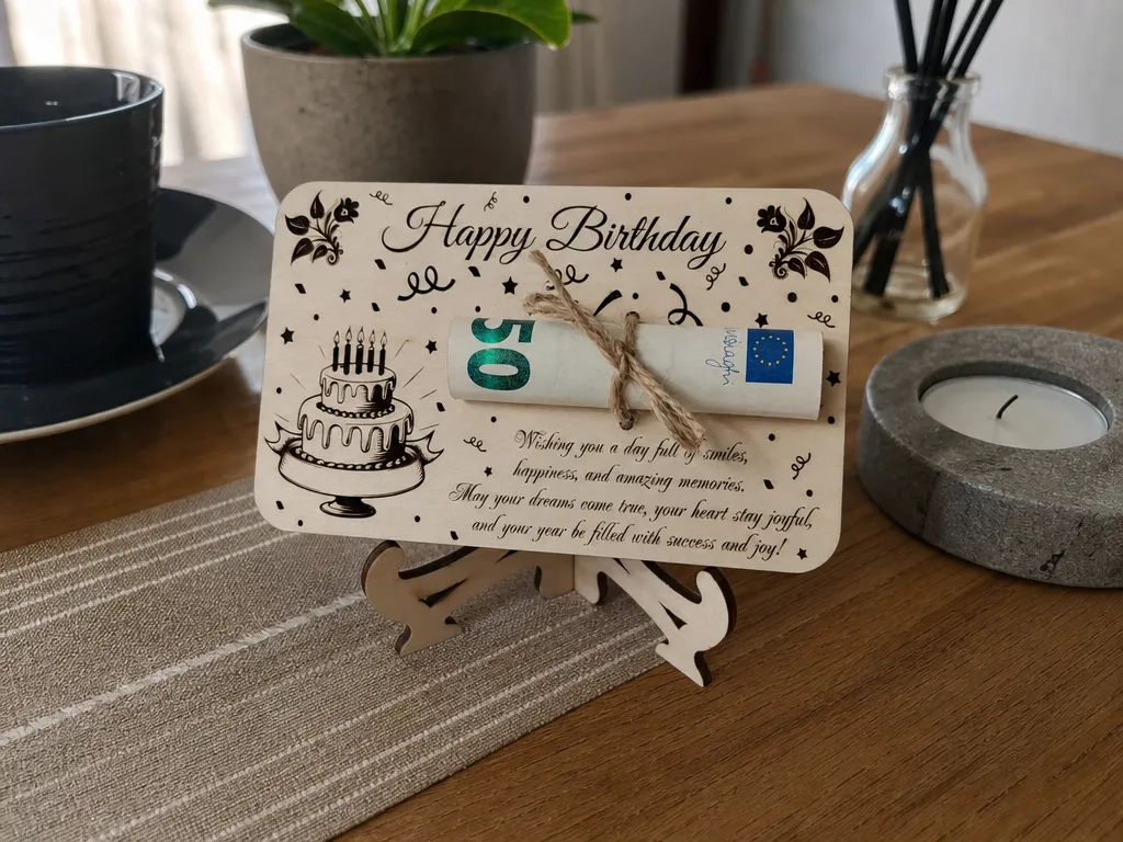 Wooden Happy Birthday Money Holder Card with Cake Illustration