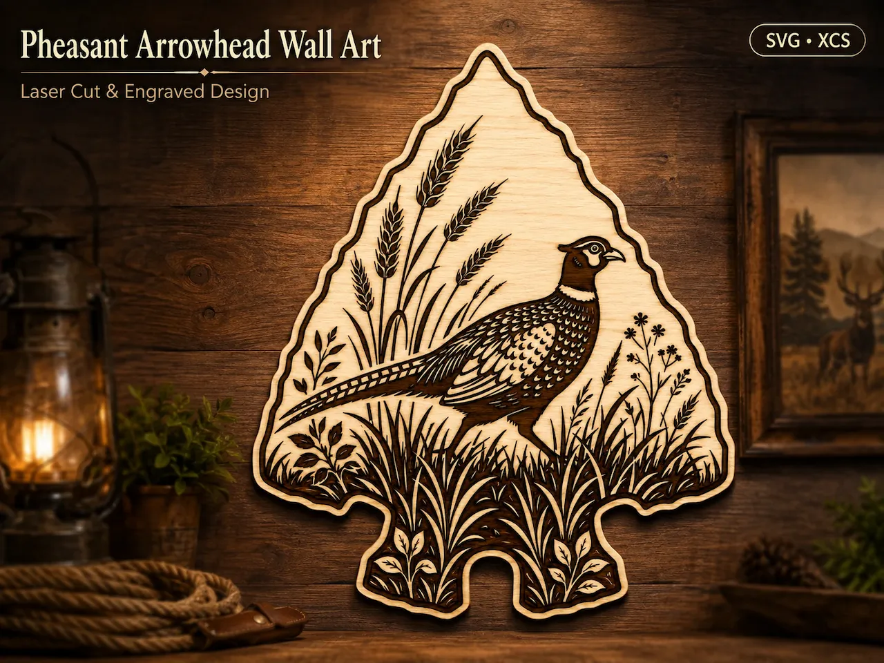 [Laser cut and engrave] Wild Pheasant Arrowhead Decor SVG | Intricate Laser Cut Wall Art | Woodland Bird Scene | Rustic Hunting Gift | Glowforge xTool CNC Template