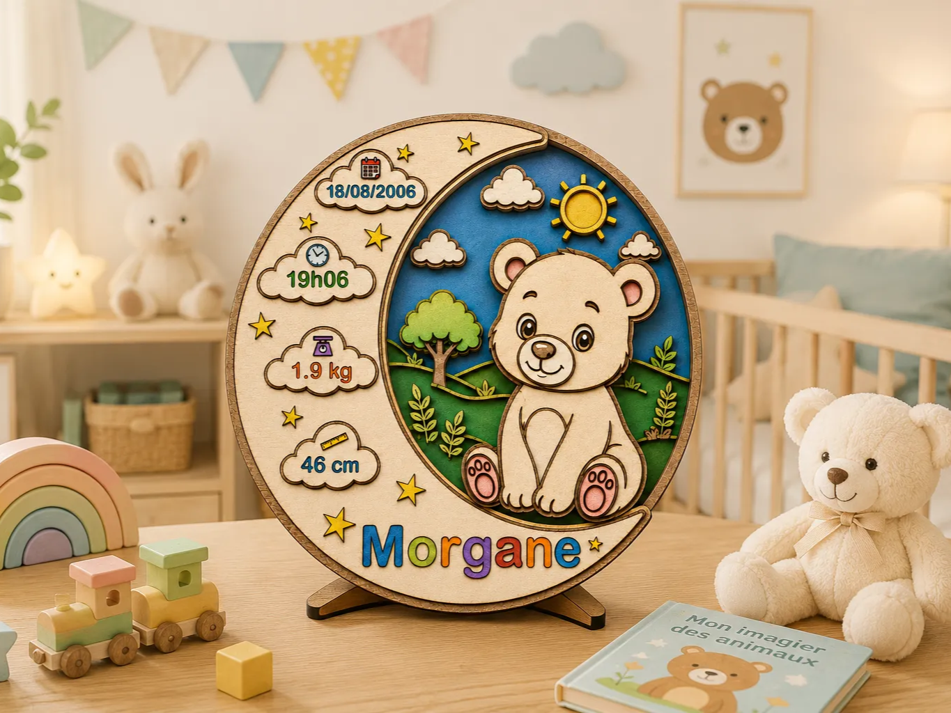 Plaque de naissance personnalisée en forme de lune avec ourson pour chambre d'enfant