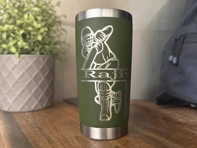 Olive Green Insulated Tumbler with Personalized Cricket Player Graphic