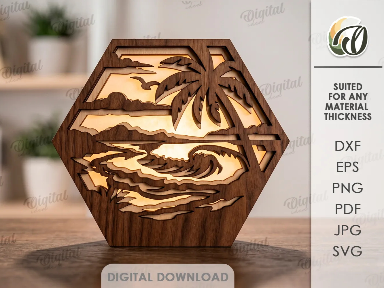 3D Summer LED decor. Tropical nature scene lightbox laser cut files. Shelf sitter. Wooden led light lamp. Led lantern. Beach svg. Home decor