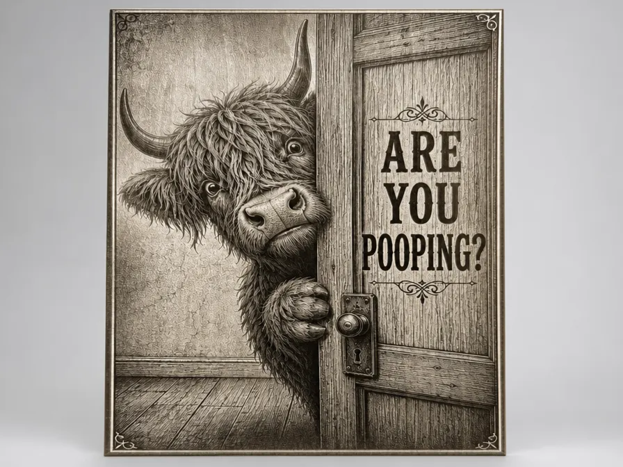 Highland Cow Bathroom Wall Sign with Are You Pooping Text