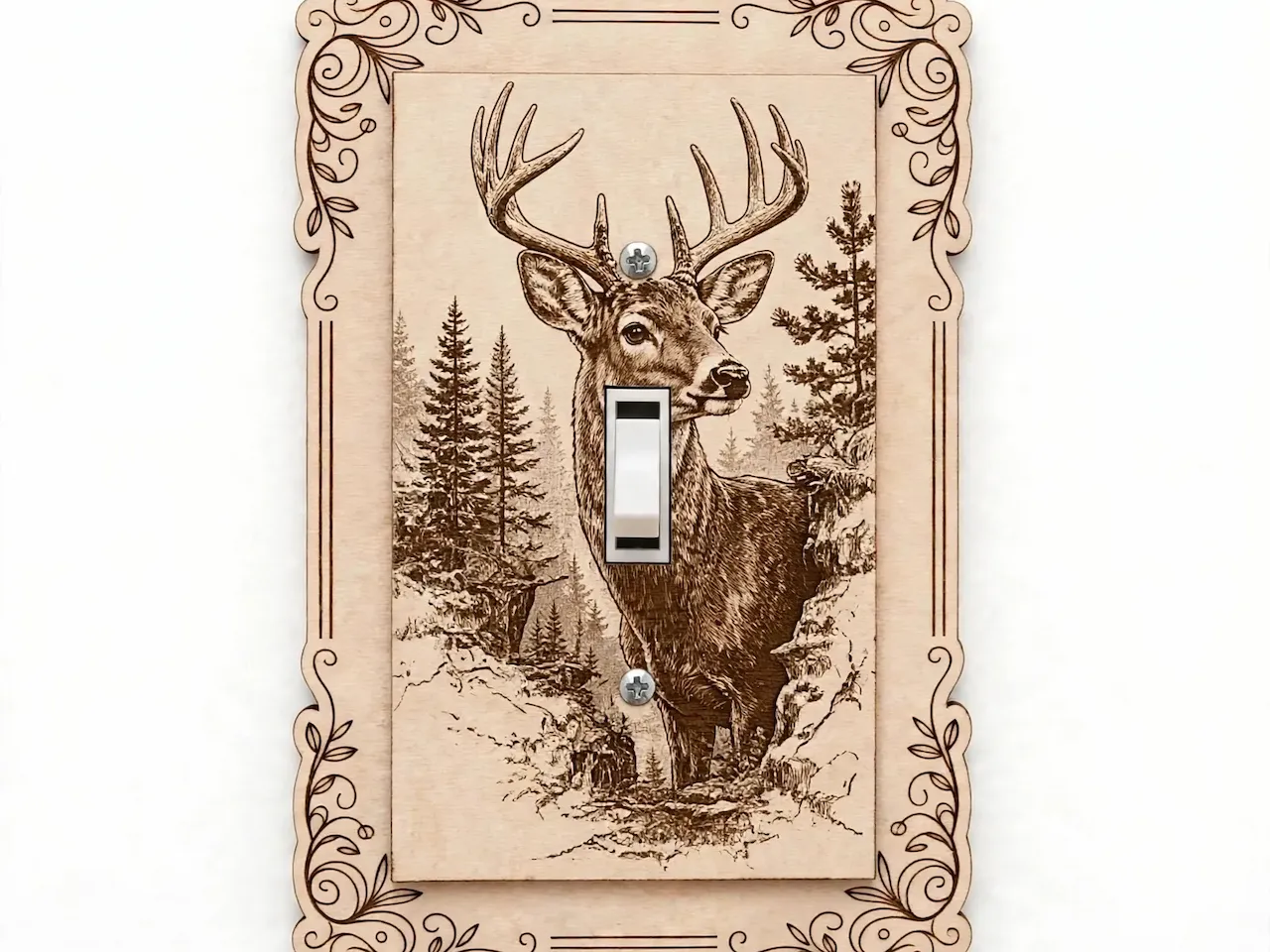 [Laser cut and engrave] Deer Light Switch Cover SVG - Hunting Cabin Switch Plate Laser File - Stag Forest Engraved Wood Switch Cover - 3mm Plywood Laser Cut File