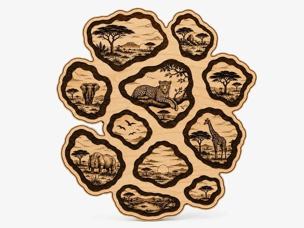 [Laser cut and engrave] African Safari Wildlife Wall Art with Elephant Leopard and Giraffe Scenes