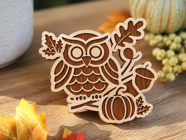 Owl with Pumpkin and Acorn Autumn Tabletop Sign