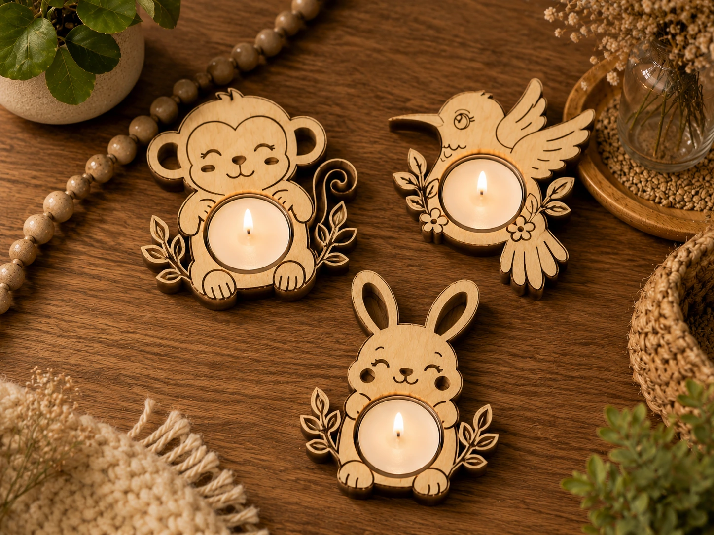 Bougeoirs chauffe-plat en bois en forme d'animaux