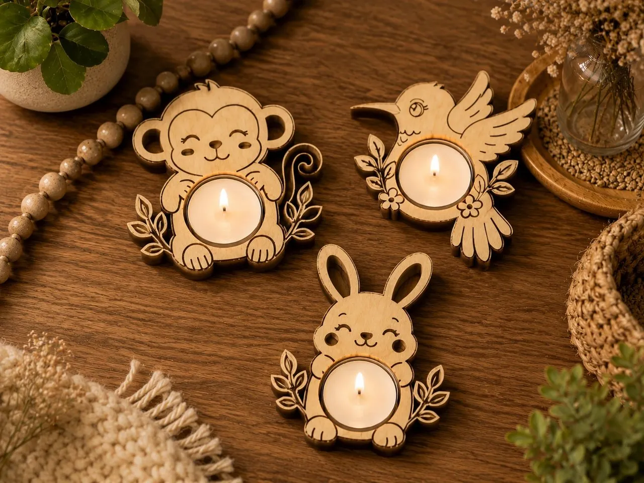 [Laser cut and engrave] Bougeoirs chauffe-plat en bois en forme d'animaux