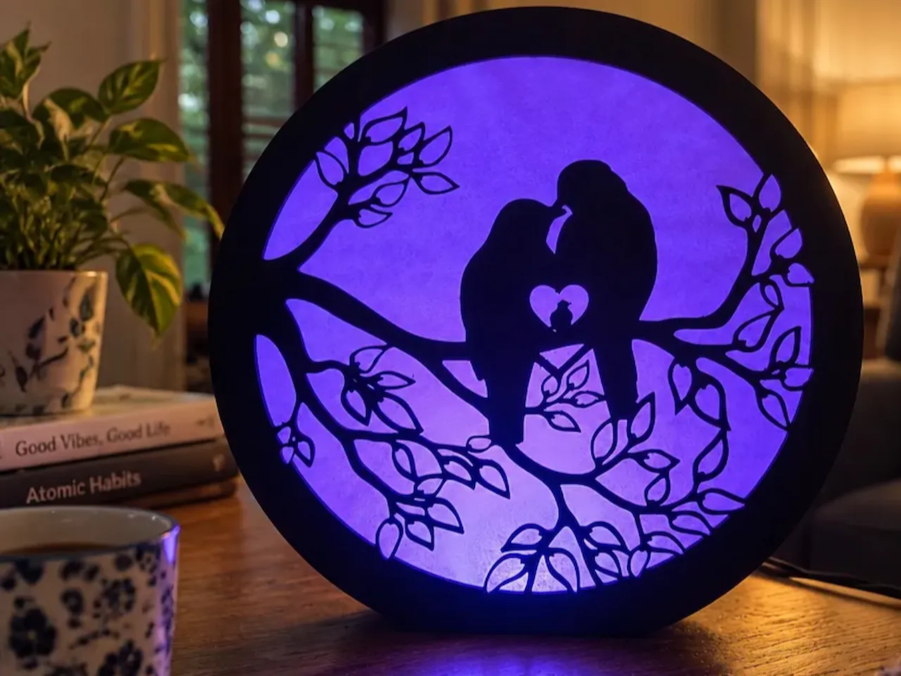 [Laser cut and engrave] Lampada circolare da tavolo con sagoma di uccellini su un ramo