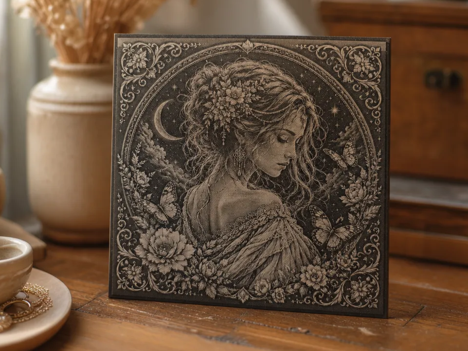 Ethereal Woman with Flowers and Butterflies Square PLA Wall Art