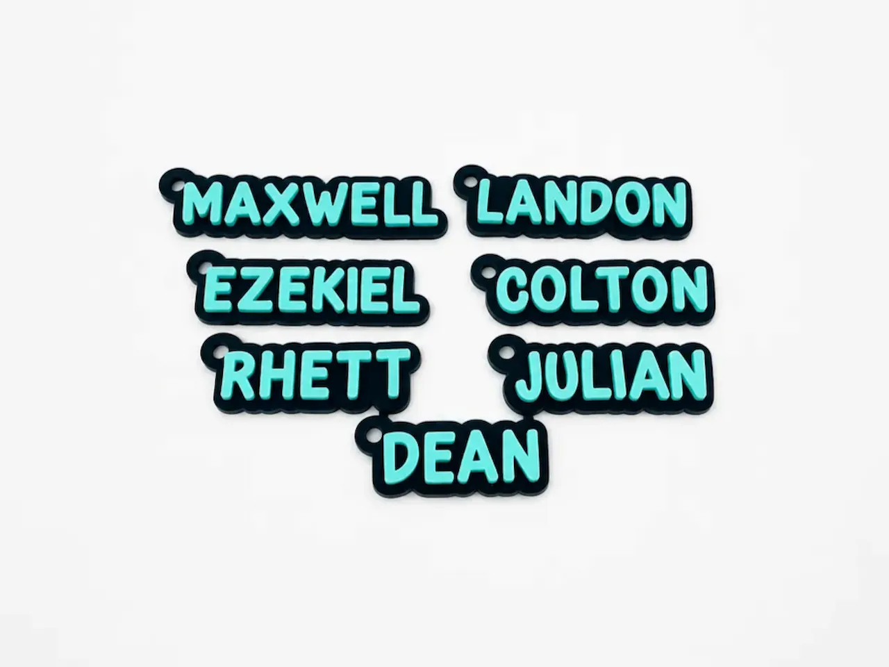 [Laser cut and engrave] Personalized Name Tags with Teal Lettering on Black Background
