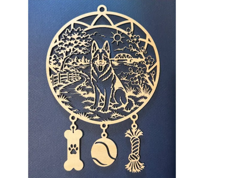 German Shepherd Dog Wall Hanging Dream Catcher with Scenic Landscape and Pet Charms