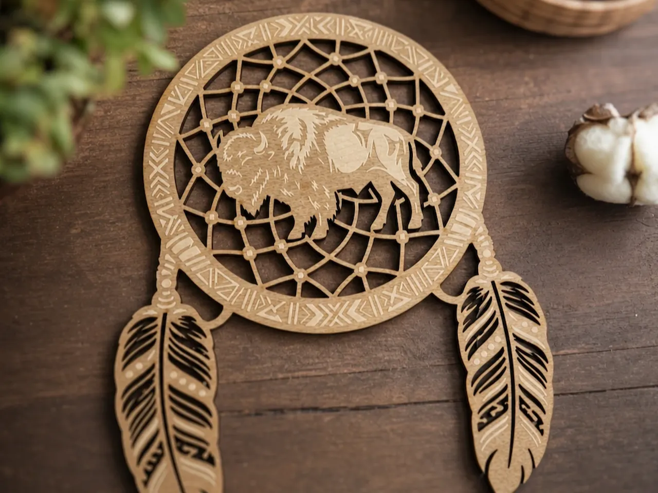 [Laser cut and engrave] Bison Dreamcatcher Wall Hanging with Feather Accents
