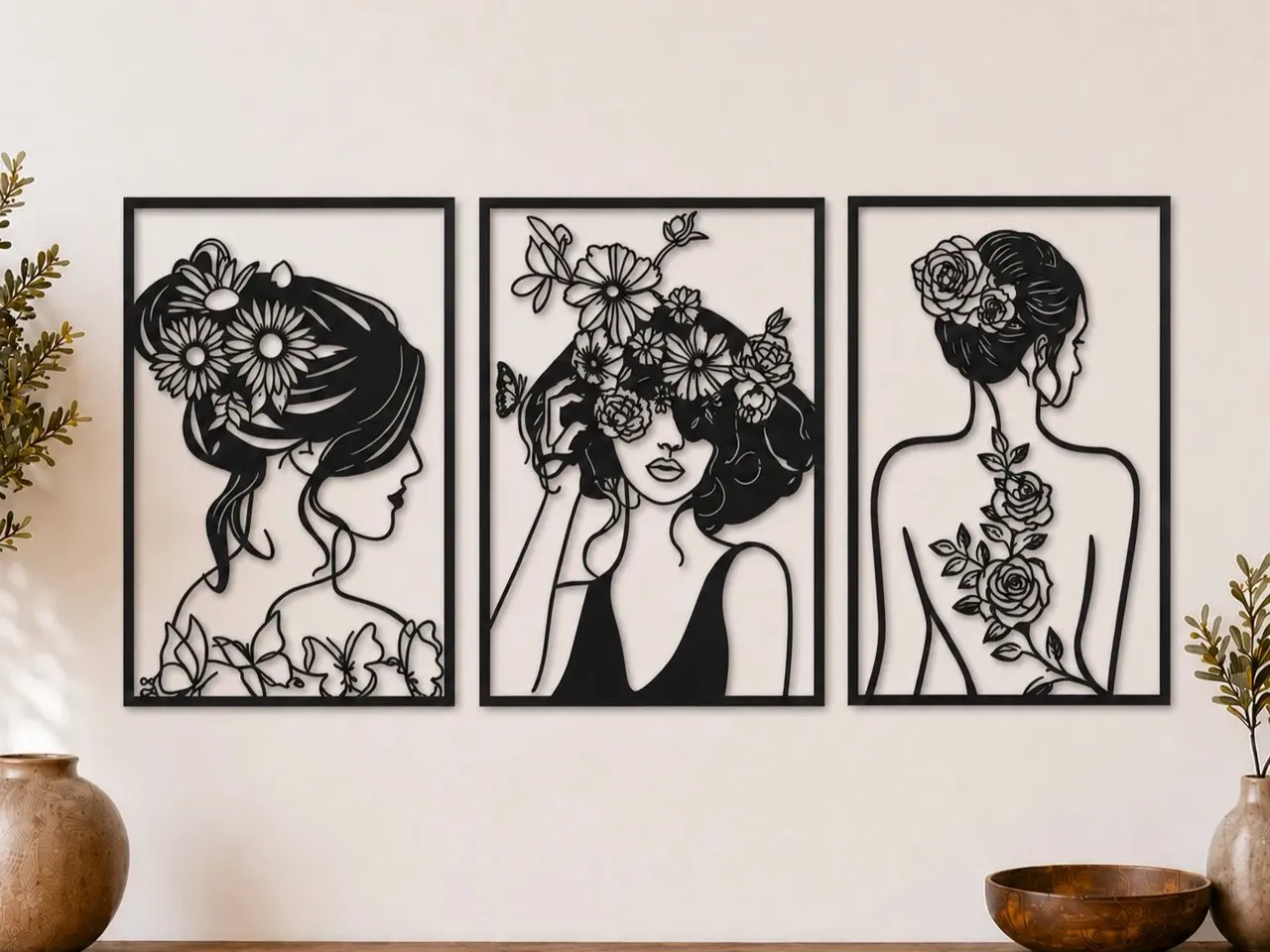 [Laser cut and engrave] Three Piece Floral Woman Silhouette Wall Art Set