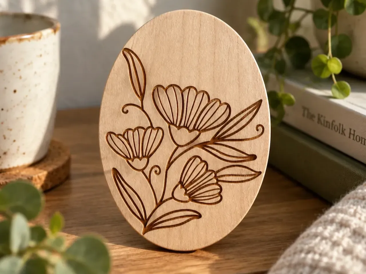 [Laser cut and engrave] Oval Wooden Plaque with Floral Line Art